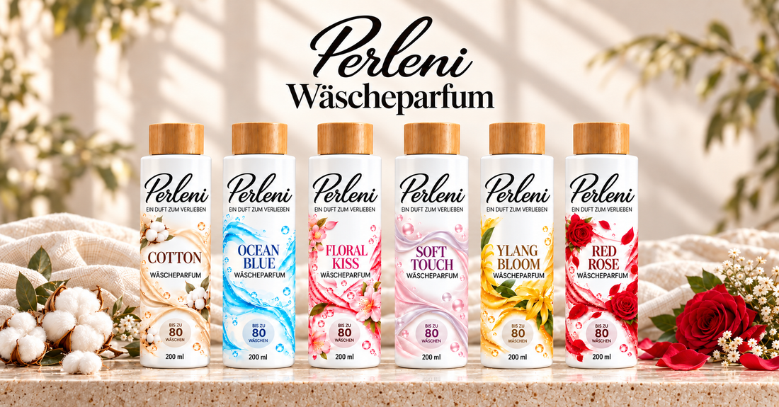 Die sechs Perleni Wäscheparfums Cotton, Ocean Blue, Floral Kiss, Soft Touch, Ylang Bloom und Red Rose