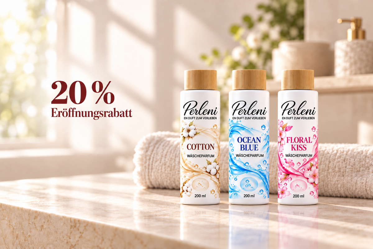 20 % Eröffnungsrabatt: Perleni Wäscheparfum Cotton, Ocean Blue und Floral Kiss